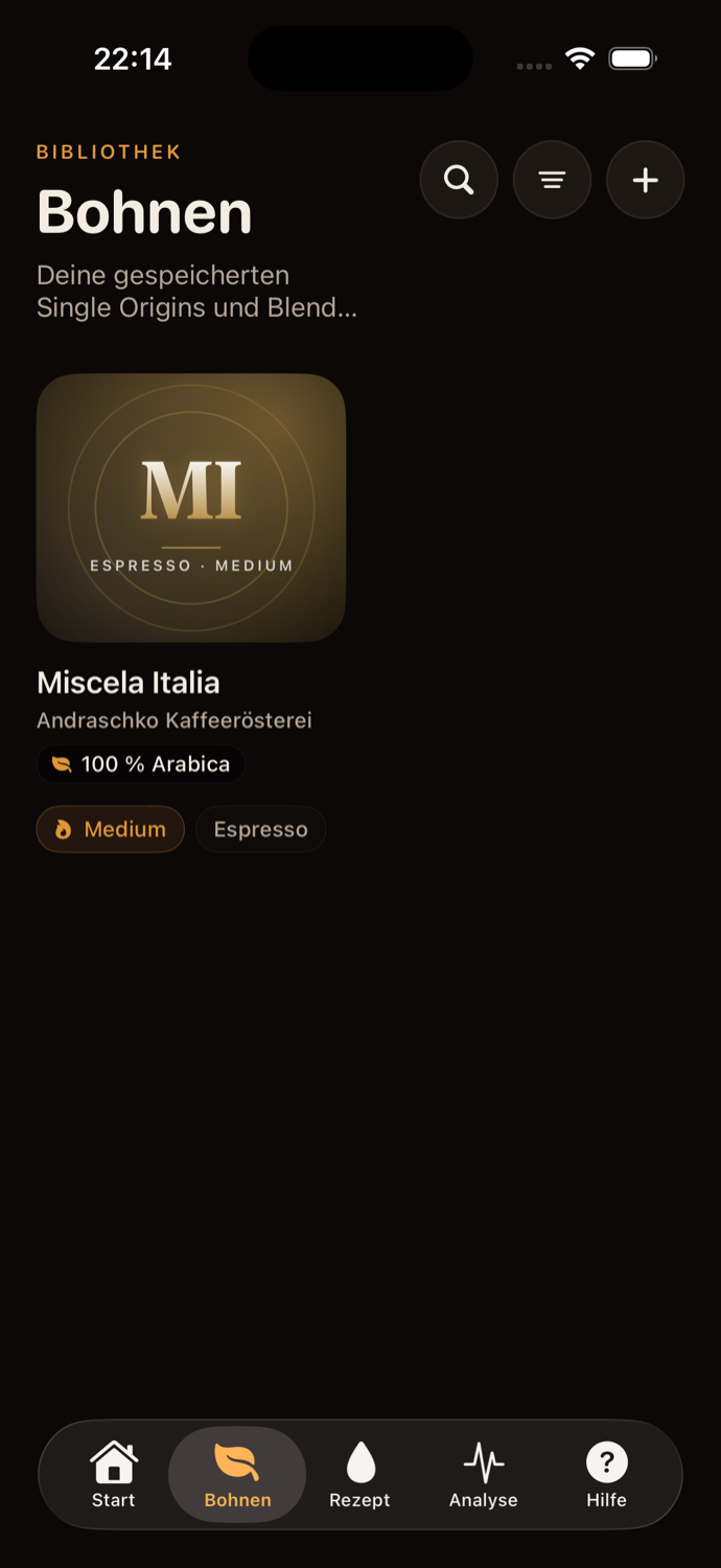Bohnen-Bibliothek mit Miscela Italia und 100 % Arabica Badge