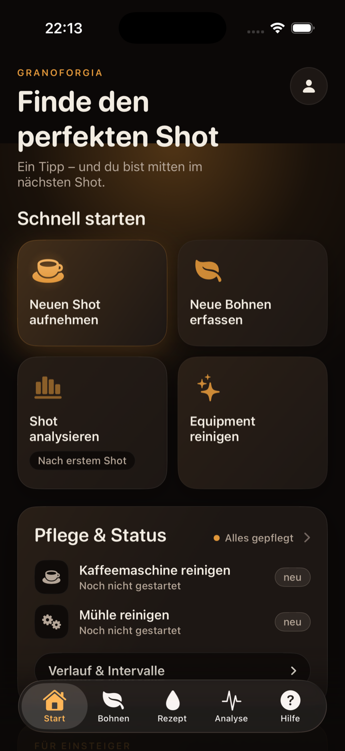 GranoForgia Startbildschirm mit Schnellstart-Karten und Pflege-Status